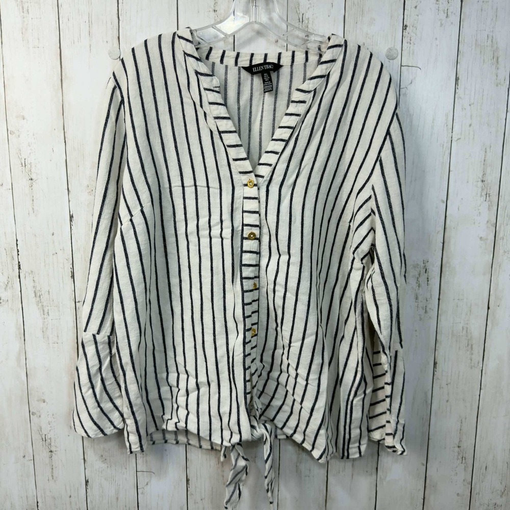 Ellen Tracy Women's Striped Tie-Front Bell Sleeve Top Size L